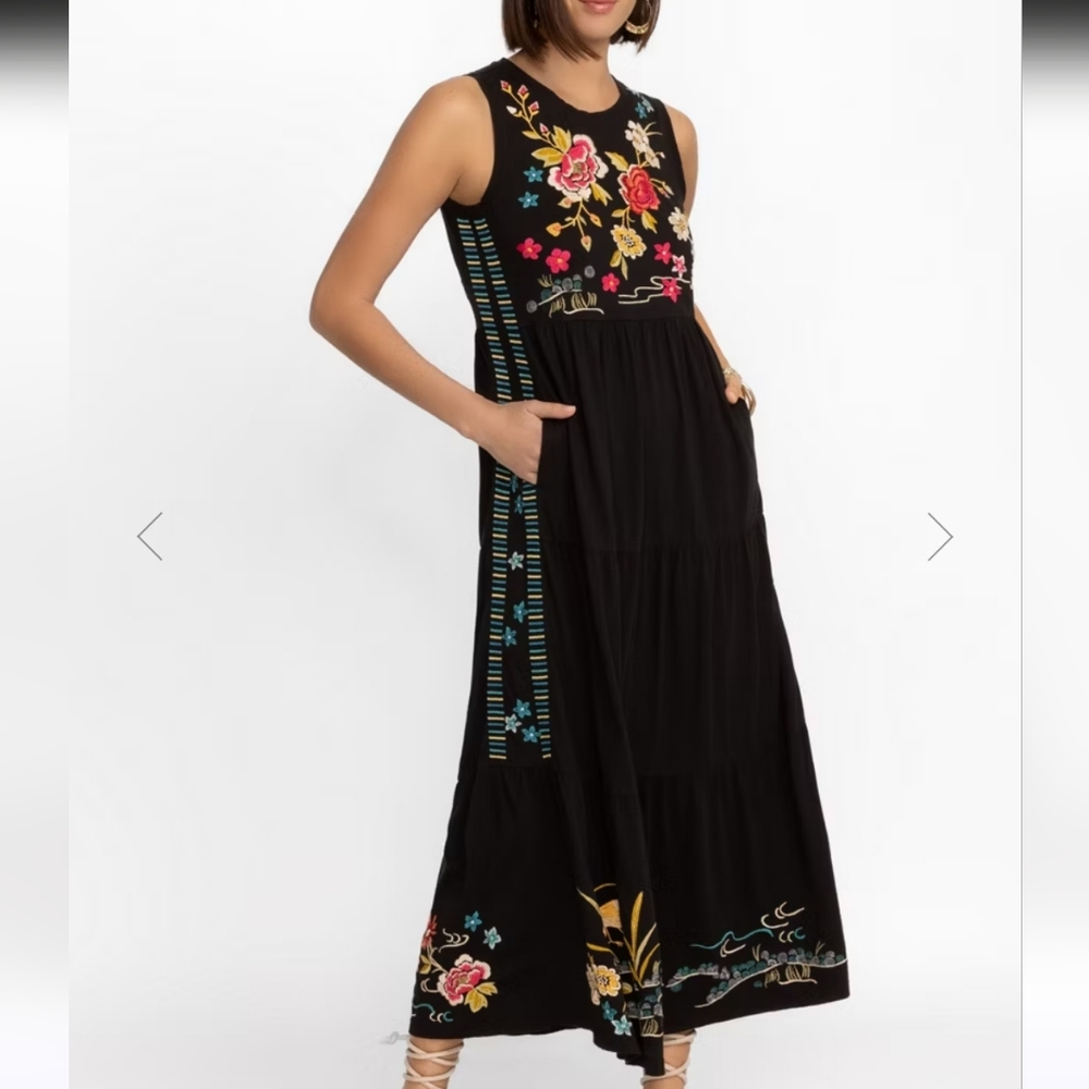 Johnny Was Celina Tiered Maxi Black Embroidered Floral Tank Dress M